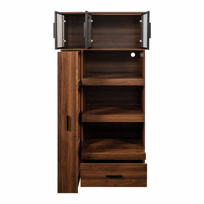 Kitchen Pantry Cabinet w/4-Tier Storage Cart, 2 Drawers & 2 Glass Doors, Tall Storage Cabinet w/Shelves