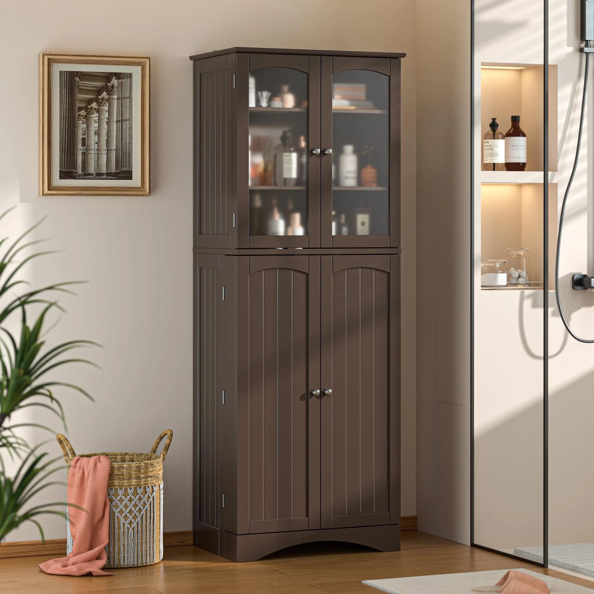 Kitchen Cabinet, Lofka 64" Kitchen Pantry Storage Cabinet with Frosted Glass Doors and 14 Shelves, Dark Brown