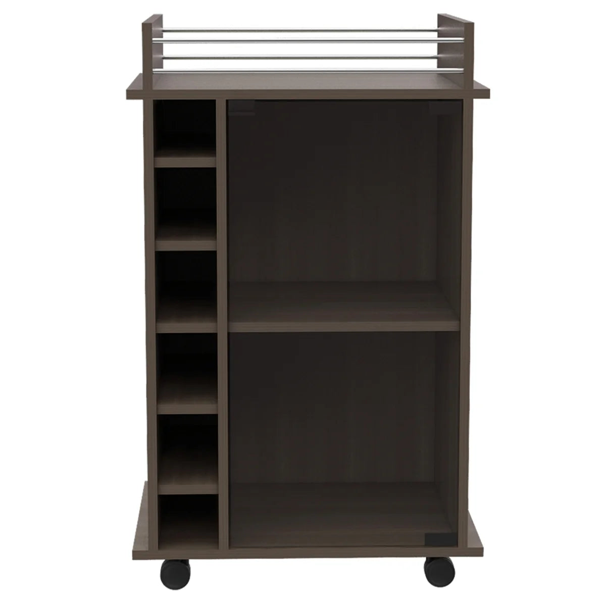 32" H carbon espresso bar-coffee cart, Kitchen or living room cabinet storage with with 4 wheels, with 6 bottle racks, a central shelf covered by 1 glass door, 1 support surface with aluminum front.