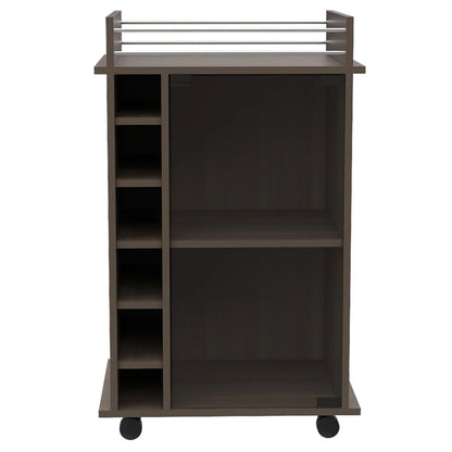 32" H carbon espresso bar-coffee cart, Kitchen or living room cabinet storage with with 4 wheels, with 6 bottle racks, a central shelf covered by 1 glass door, 1 support surface with aluminum front.