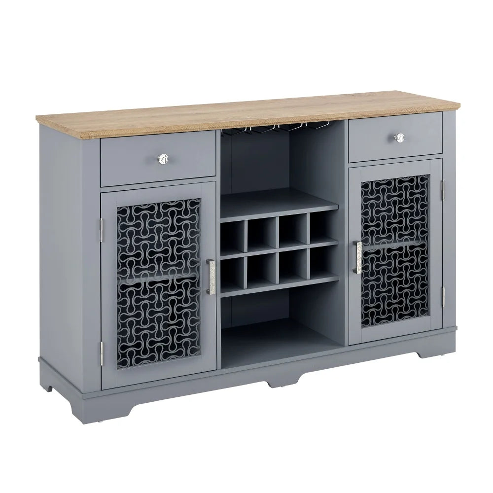 Tcbosik Farmhouse Buffet Cabinet, 56.4" Sideboard Cabinet w/2 Drawers and 2 Glass Doors, Coffee Bar Cabinet with Glass Cup Holder and 8-Slot Wine Rack for Dining Room Living Room, Light Blue