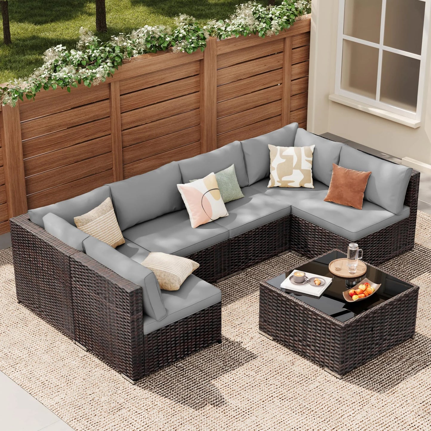 Patio Furniture Set on Sale, 7-Piece Wicker Sectional Outdoor Sofa Set with Glass Table & Water-Resistant Cushions, All-Weather PE Rattan for Backyard, Poolside, Garden (Gray)