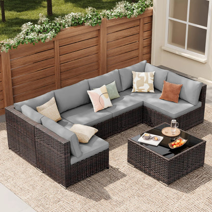 Patio Furniture Set on Sale, 7-Piece Wicker Sectional Outdoor Sofa Set with Glass Table & Water-Resistant Cushions, All-Weather PE Rattan for Backyard, Poolside, Garden (Gray)