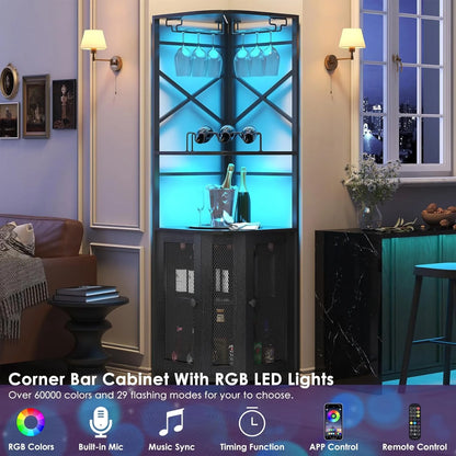 Frmobepts Corner Bar Cabinet with Power Outlet, Industrial Wine Cabinet with LED Strip and Glass Holder, 5-Tiers Liquor Cabinet Bar Unit for Home, Black