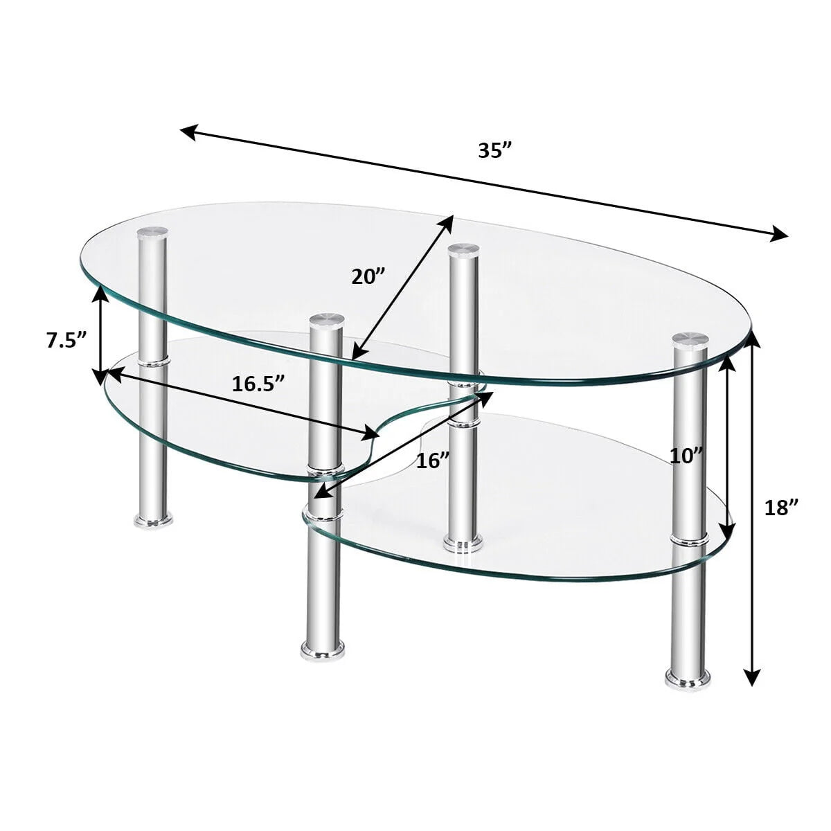 Costway Tempered Glass Oval Side Coffee Table Shelf Chrome Base Living Room Clear