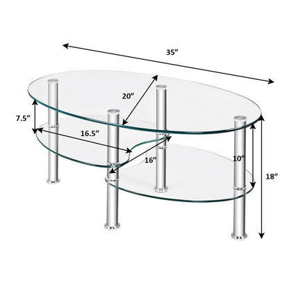 Costway Tempered Glass Oval Side Coffee Table Shelf Chrome Base Living Room Clear