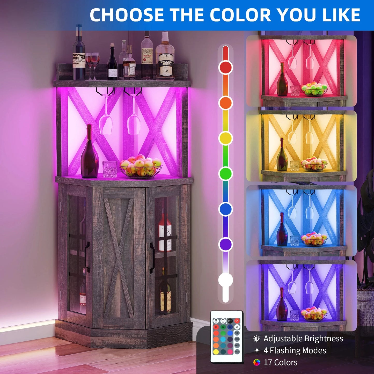 DEXTRUS 72" Corner Bar Unit, 3 Tier Freestanding Wine Bar Cabinet with LED Lights & Glass Holder & Adjustable Shelf, Black Oak