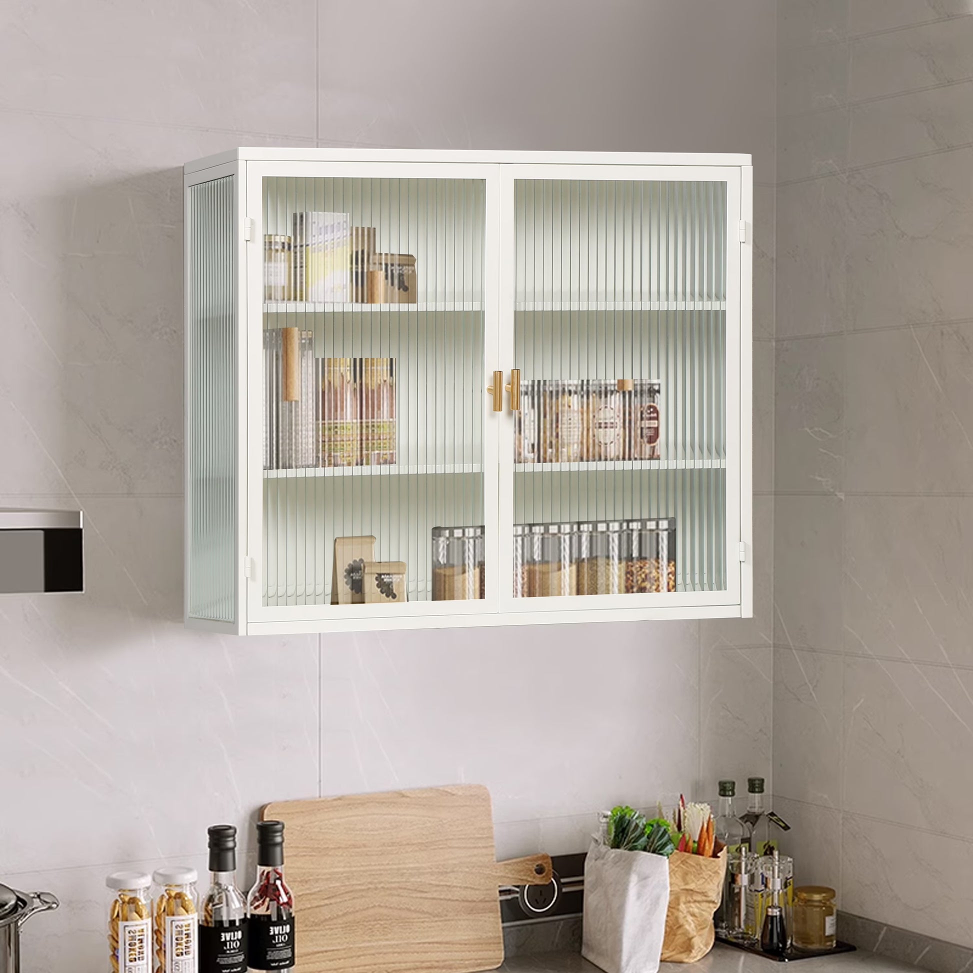 Royard Oaktree Metal Wall Cabinet with Glass Doors 3-Tier Wall Mounted Storage Cabinet with Detachable Shelves Modern Medicine Cabinet for Kitchen Bathroom Living Room, Mint Green