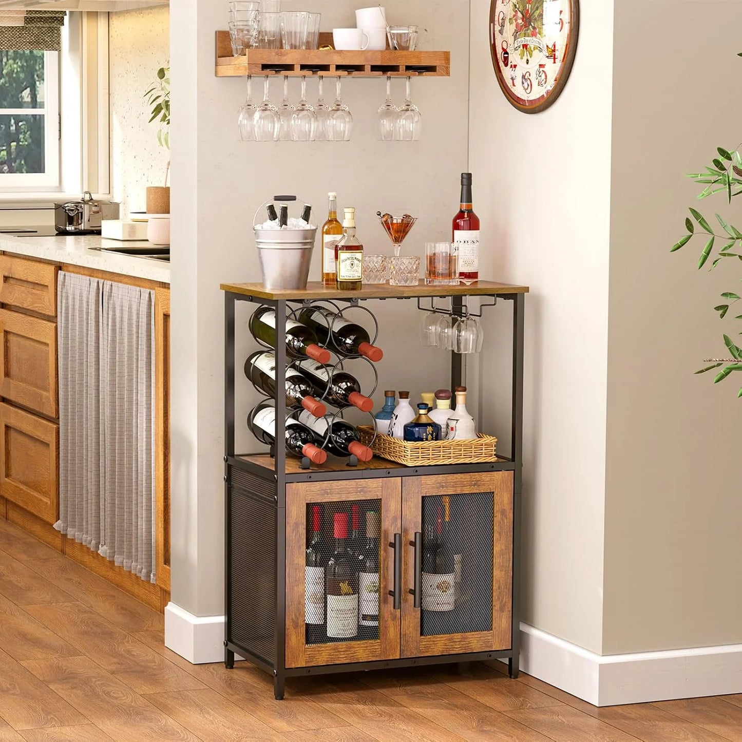 Bar Cabinet with Detachable Wine Rack, Liquor Stand for Home Bar, Mini Table with Glass Holder, Small Sideboard with Mesh Door, Storage Cabinet for Wine, Whiskey, Rustic Brown