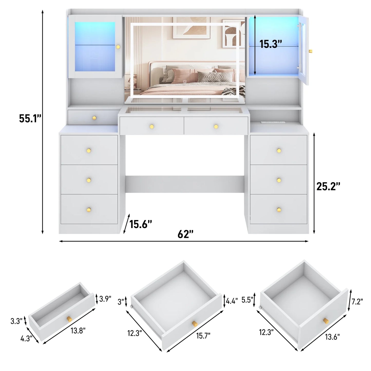 Blotout 62'' Large Vanity Desk w/60000-color LED Lights, Tempered Glass Top, Power Outlet, Makeup Vanity Table w/3 Lights Mode Mirror, 9 Drawers, 2 RGB Cabinets, LED Dressing Table for Girls, Women