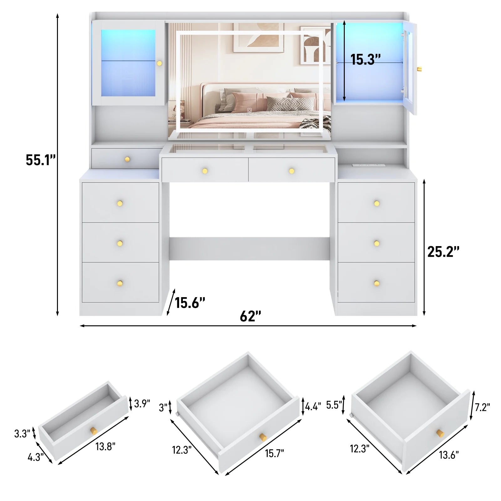 Blotout 62'' Large Vanity Desk w/60000-color LED Lights, Tempered Glass Top, Power Outlet, Makeup Vanity Table w/3 Lights Mode Mirror, 9 Drawers, 2 RGB Cabinets, LED Dressing Table for Girls, Women