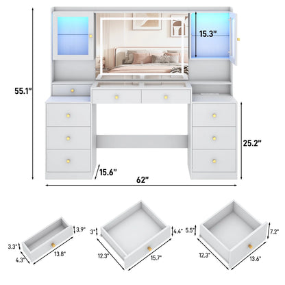 Blotout 62'' Large Vanity Desk w/60000-color LED Lights, Tempered Glass Top, Power Outlet, Makeup Vanity Table w/3 Lights Mode Mirror, 9 Drawers, 2 RGB Cabinets, LED Dressing Table for Girls, Women