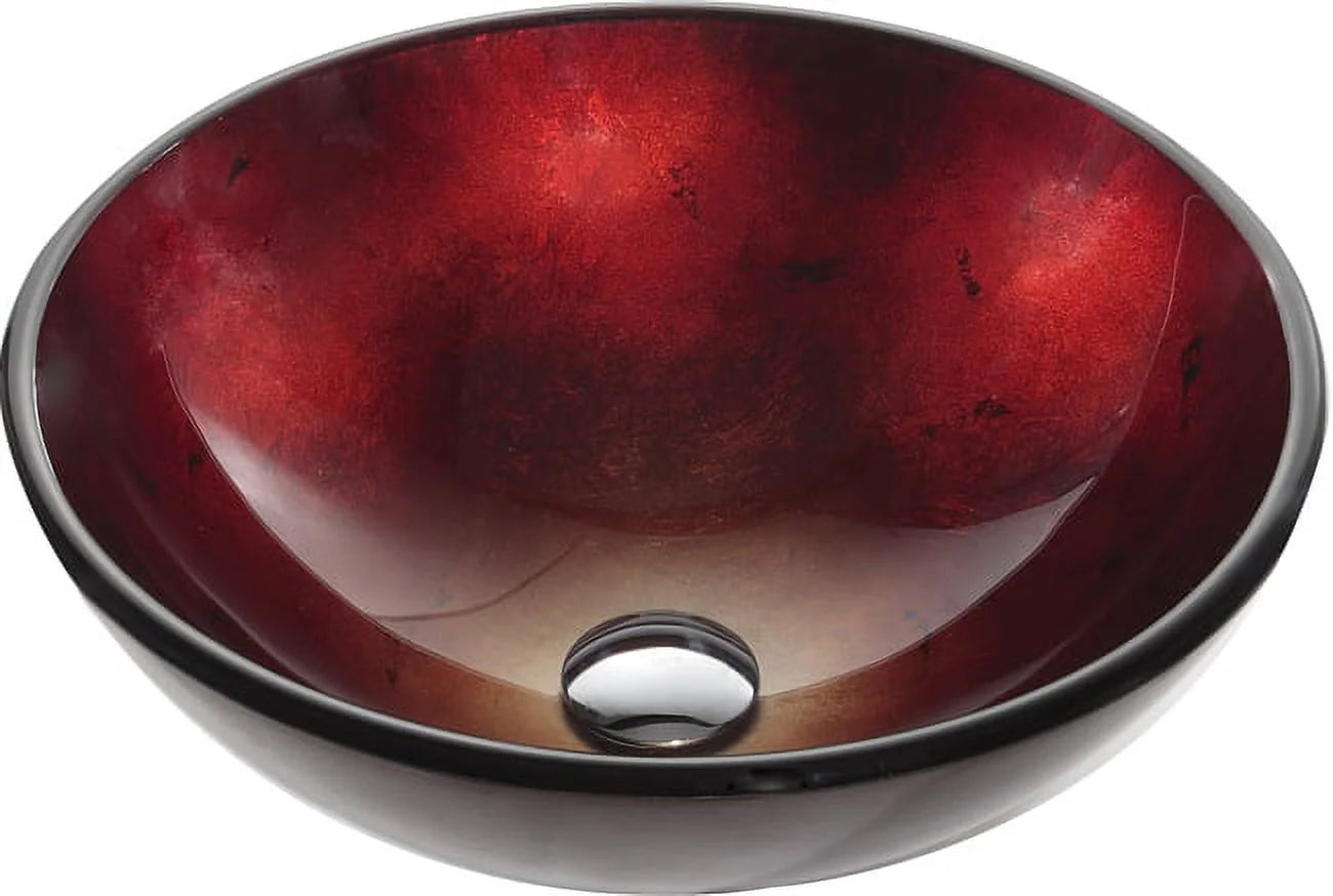 KRAUS Irruption Glass Vessel Sink in Red with Pop-Up Drain and Mounting Ring in Chrome