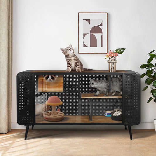 55.12"Spacious Cat House with 2 Sliding Tempered Glass Doors, for Living Room, Bedroom, Hallway, 55.12"L x 22.83"W x 29.92"H Top Board: 110 lbs Load, Cabinet shelf: 60 lbs Load, Black