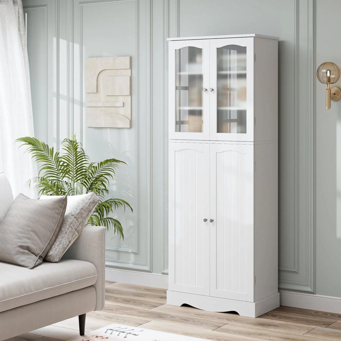 Homfa Kitchen Food Pantry Cabinet, 63.5'' Tall Storage Cabinet with Frosted Glass Doors and Adjustable Shelves, White