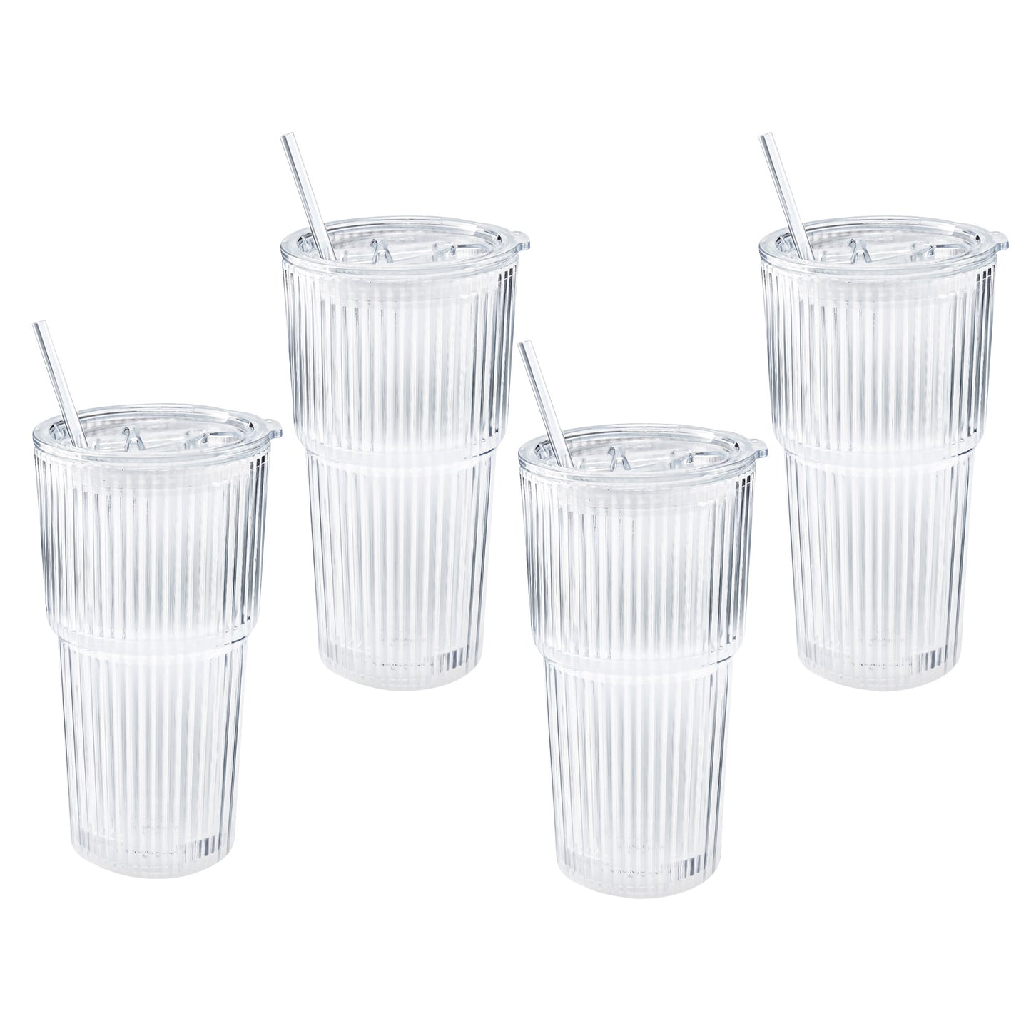 Mesa Ribbed 20 oz. Glass Cups with Lids and Straw, 4-pack
