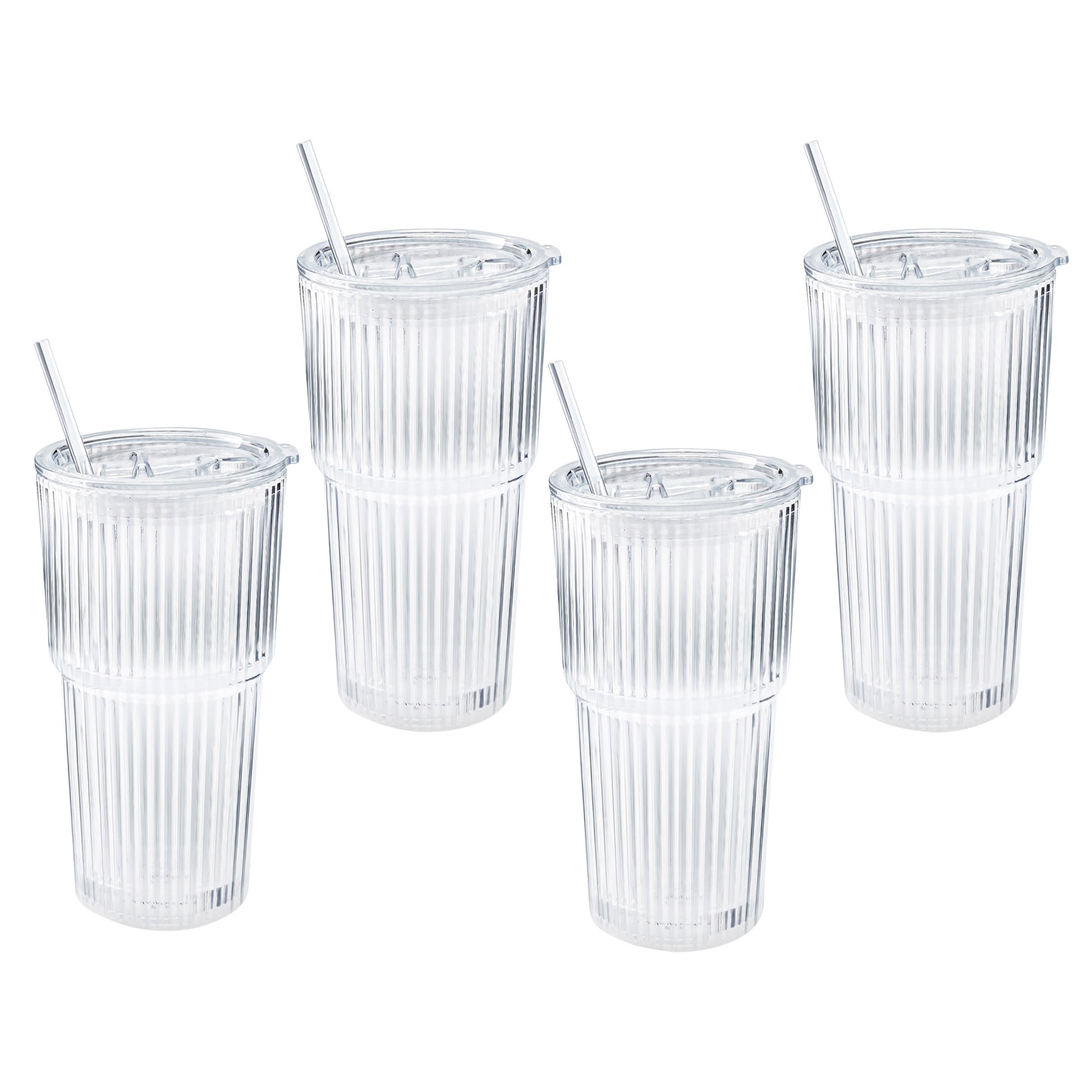 Mesa Ribbed 20 oz. Glass Cups with Lids and Straw, 4-pack