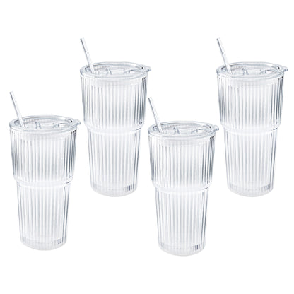 Mesa Ribbed 20 oz. Glass Cups with Lids and Straw, 4-pack
