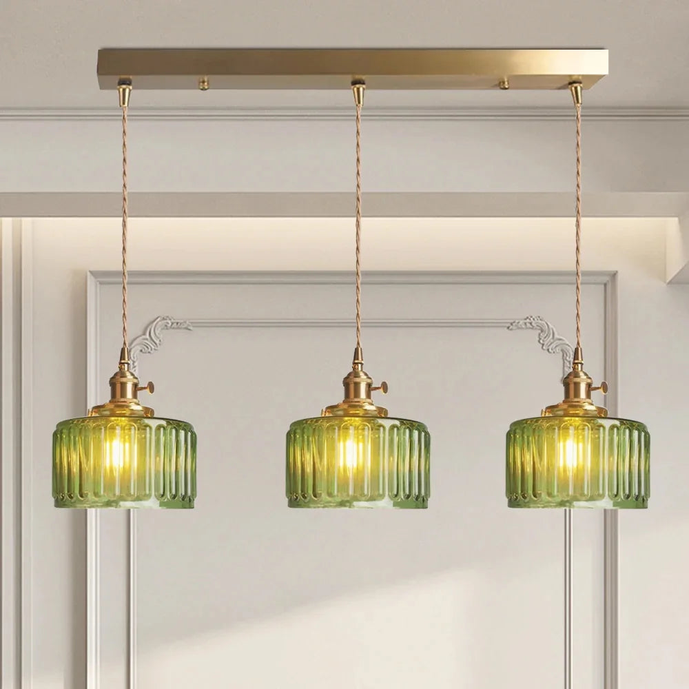 Arturesthome Classic Vintage Green Glass Pendant Light Cylinder Wavy Small Light Fixture