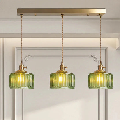Arturesthome Classic Vintage Green Glass Pendant Light Cylinder Wavy Small Light Fixture