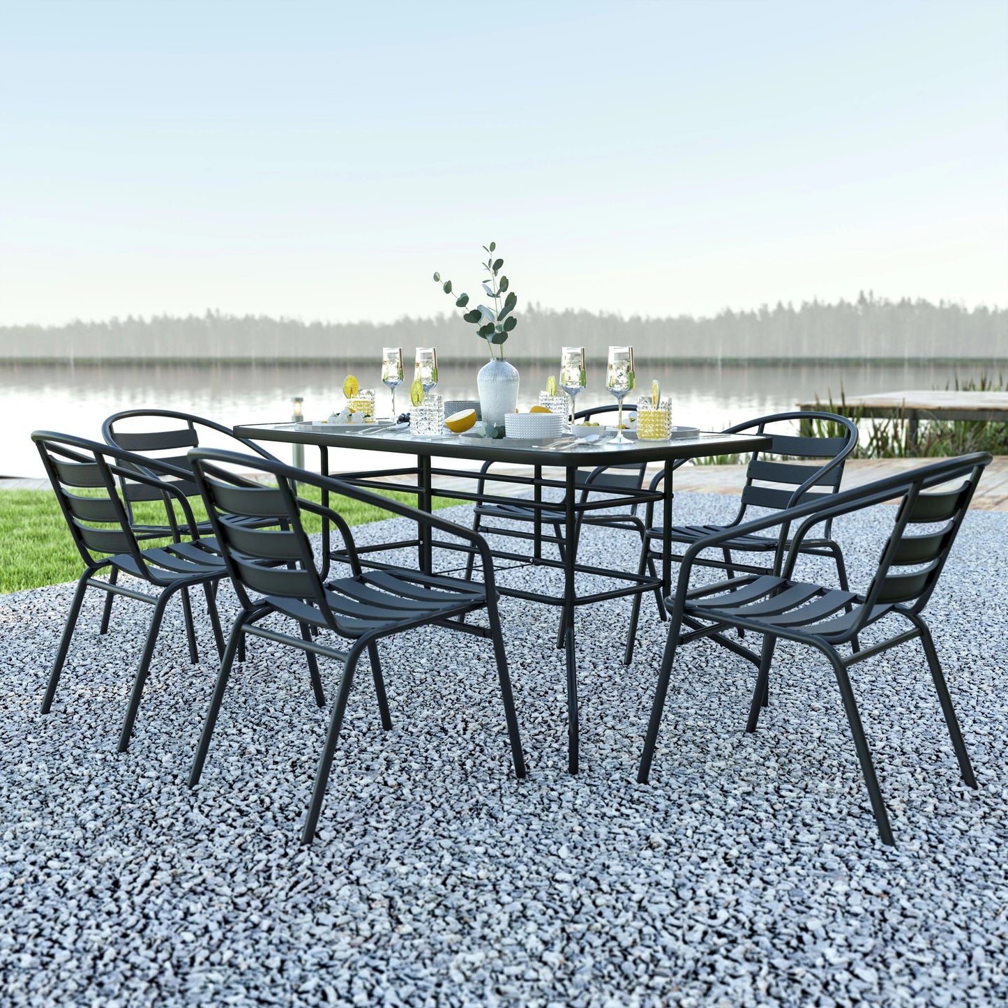 Emma + Oliver 7 Piece Patio Table & Chairs Set with 31.5"x55" Rectangular Metal Table with Tempered Glass Top and 6 Black Aluminum Stacking Chairs
