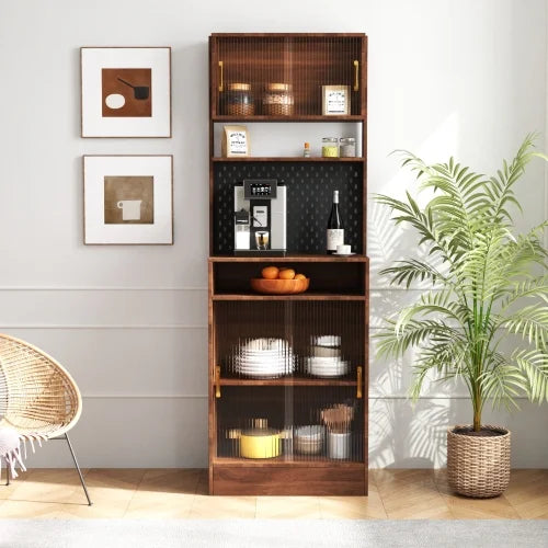 Kitchen Pantry Storage Cabinet with Hutch 25 inch Wide Tall Freestanding Food Kitchen Cabinet Pantry Cupboard with Reeded Glass Doors, Pegboard, Countertop Farmhouse 25 W x 71 H x 16 D Inch