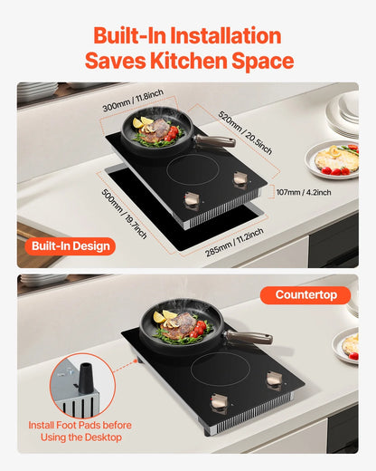 KFFKFF 2 Burner Built-in Electric Cooktop, 3500W Electric Ranges with 12 Heat Levels, Glass Top, Automatic Power-Off, Regulated by Knobs