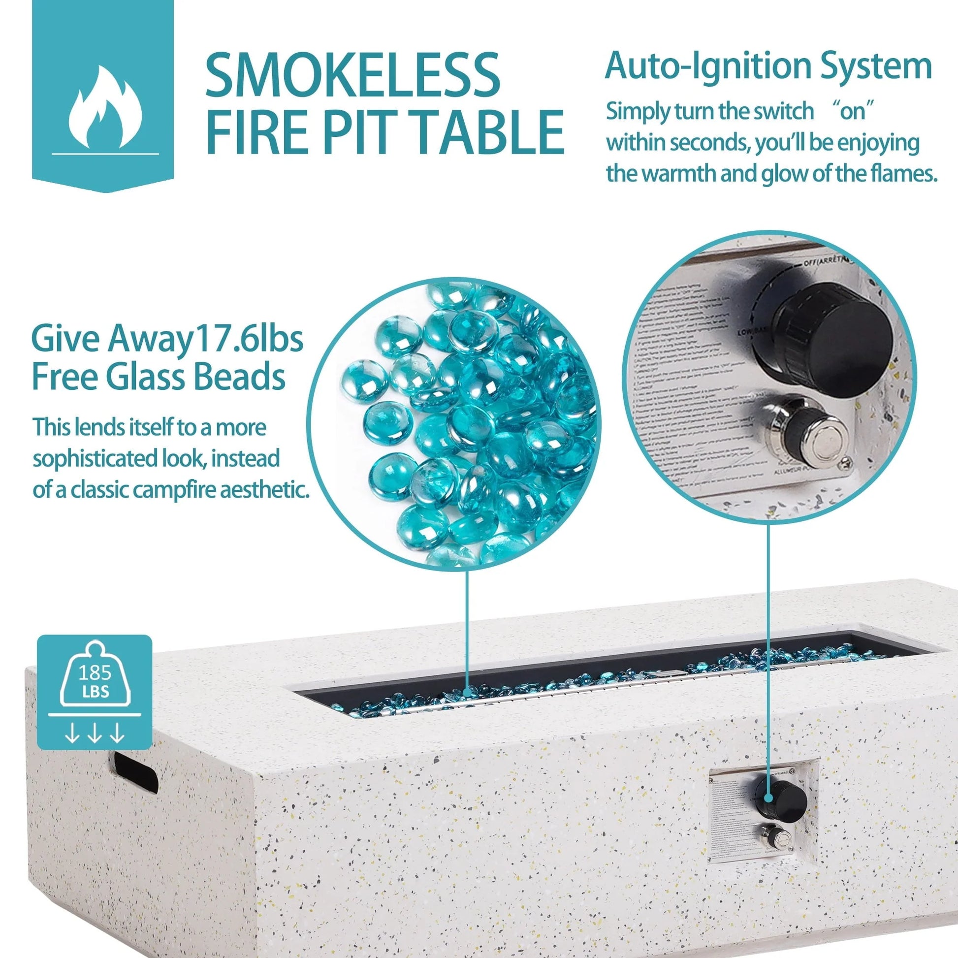 ESSENTIAL LOUNGER 56 inch Concrete Propane Fire Pit Table, 50,000 BTU Outdoor Firepit Rectangular Table for Garden& Patio, with Propane Tank Metal Stand, Fire Glass Beads and Waterproof Cover, White