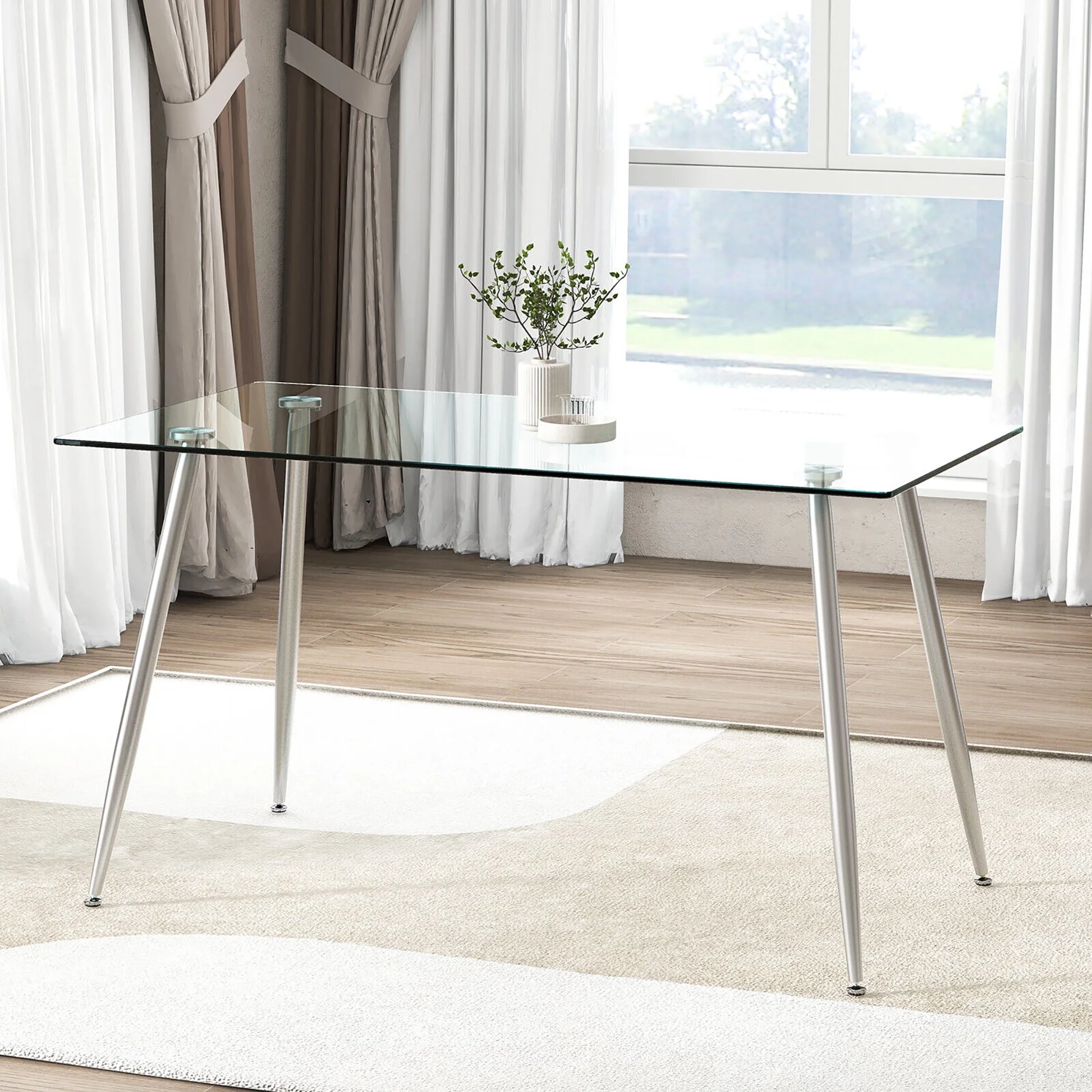 Gymax Modern Glass Dining Table Rectangular Dining Room Table W/Metal Legs For Kitchen Silver