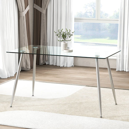 Gymax Modern Glass Dining Table Rectangular Dining Room Table W/Metal Legs For Kitchen Silver