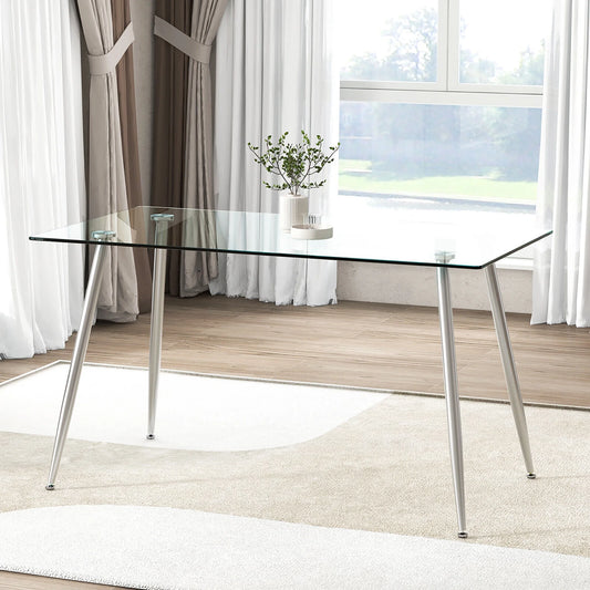 Gymax Modern Glass Dining Table Rectangular Dining Room Table W/Metal Legs For Kitchen Silver