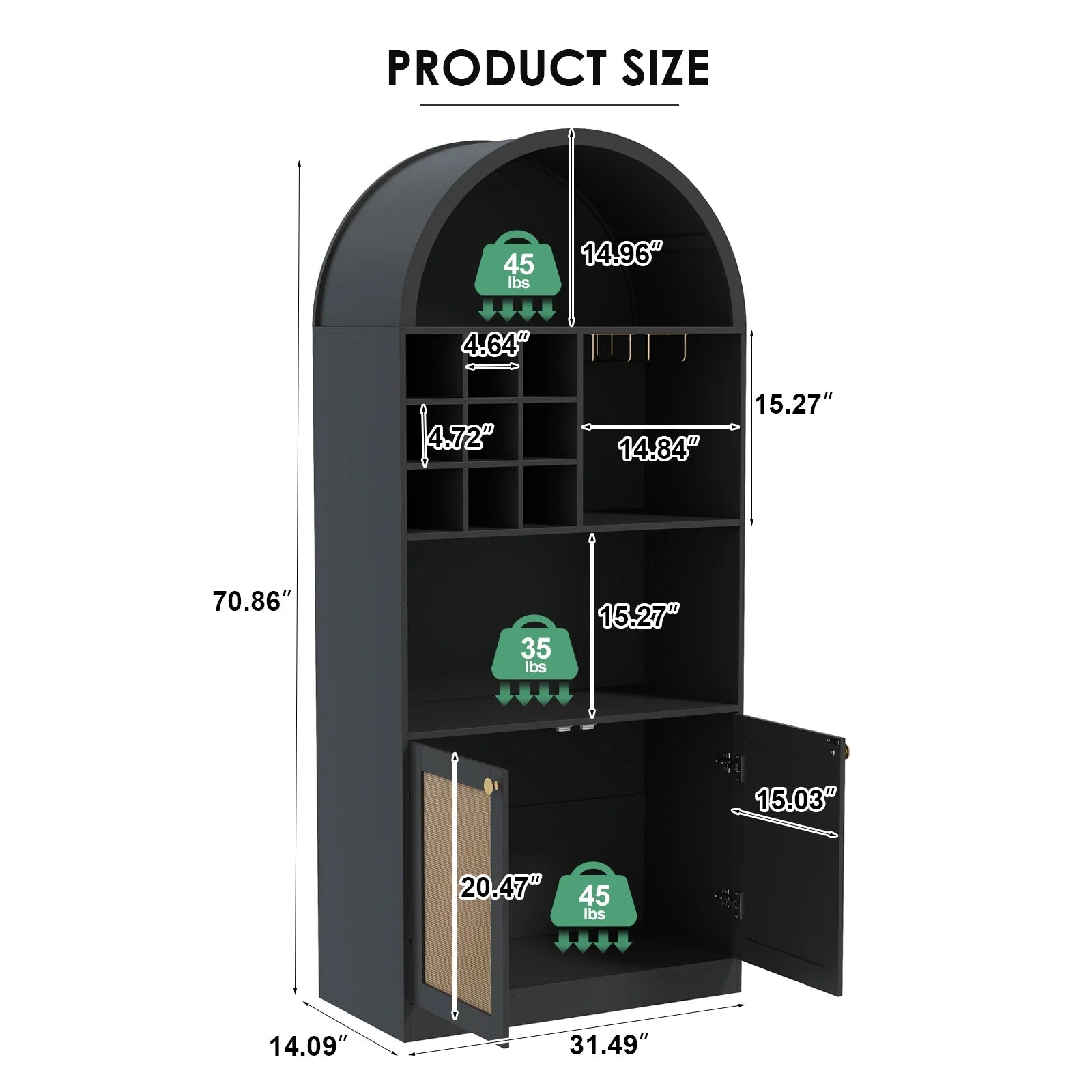 COSVALVE 71" Arched Bar Cabinet with Glass Holder, Wine Rack, Shelves, Doors, Arch Bookshelf (Black)