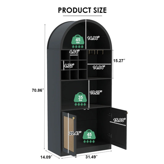 COSVALVE 71" Arched Bar Cabinet with Glass Holder, Wine Rack, Shelves, Doors, Arch Bookshelf (Black)