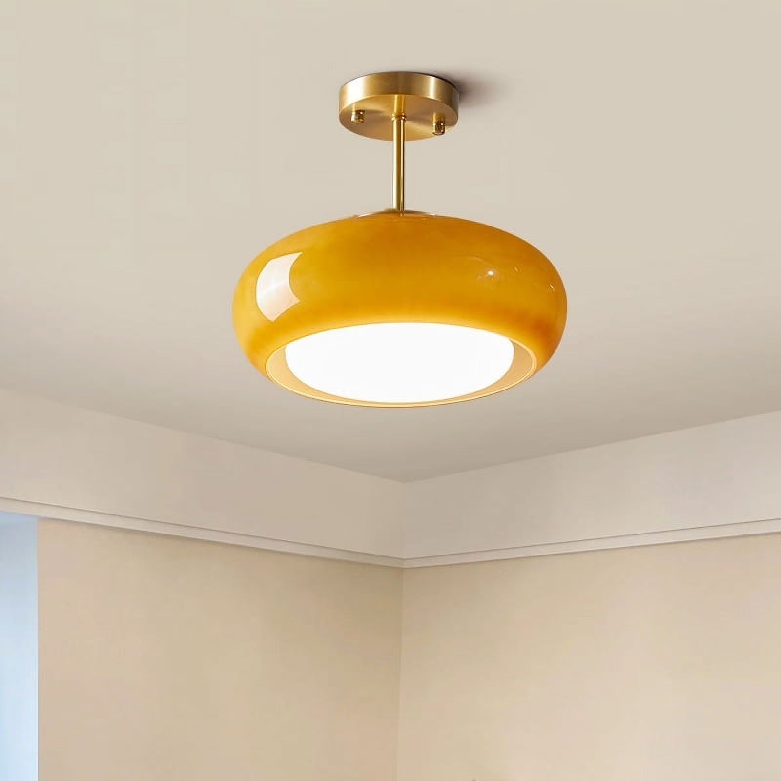 Arturesthome Ceiling Light Fixture Glass Lampshade Pendant Light with Brass Cover Amber Glass Hanging Lamp Vintage Yellow Glass Semi Flush Mount Ceiling Light for Princess Room Cloakroom
