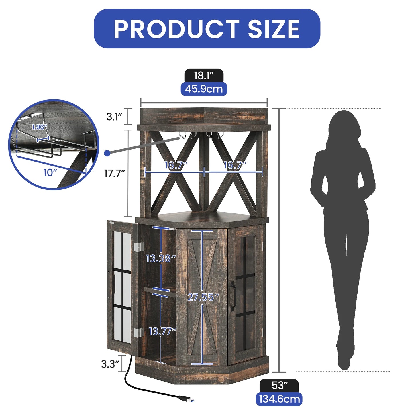 ModFusion 53" Corner Bar Cabinet with LED Light, Glass Door, Wine Rack, and Storage Shelves - Black Oak
