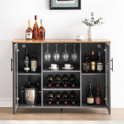 FOLDLIFE Wine Bar Cabinet with LED Lights, Liquor Cabinet Bar with Storage Cabinet, Coffee Cabinet with Bottles and Glass Rack, Buffet Sideboard with Storage Cabinet& Drawers,Dark Grey
