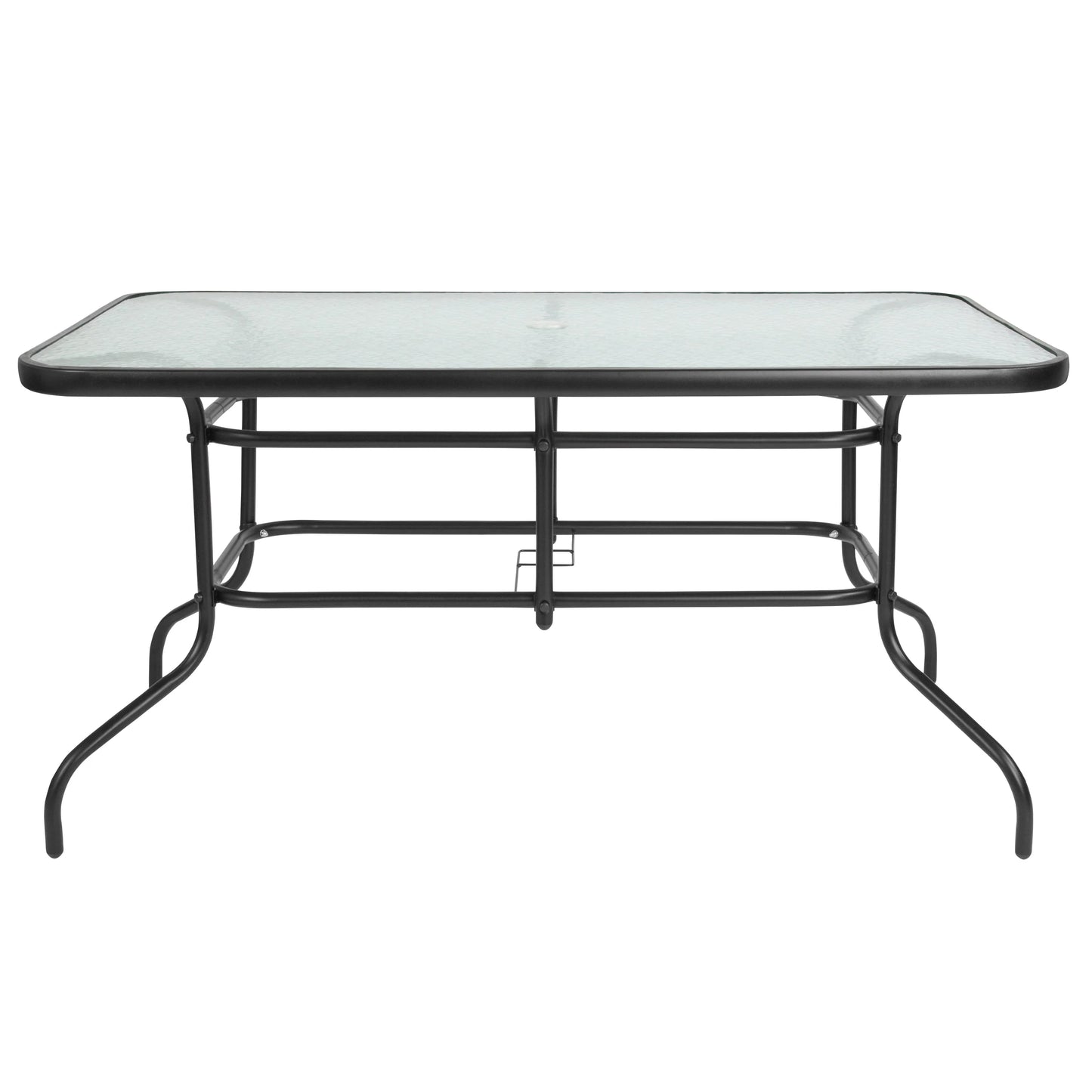 Emma + Oliver 7 Piece Patio Table & Chairs Set with 31.5"x55" Rectangular Metal Table with Tempered Glass Top and 6 Black Aluminum Stacking Chairs