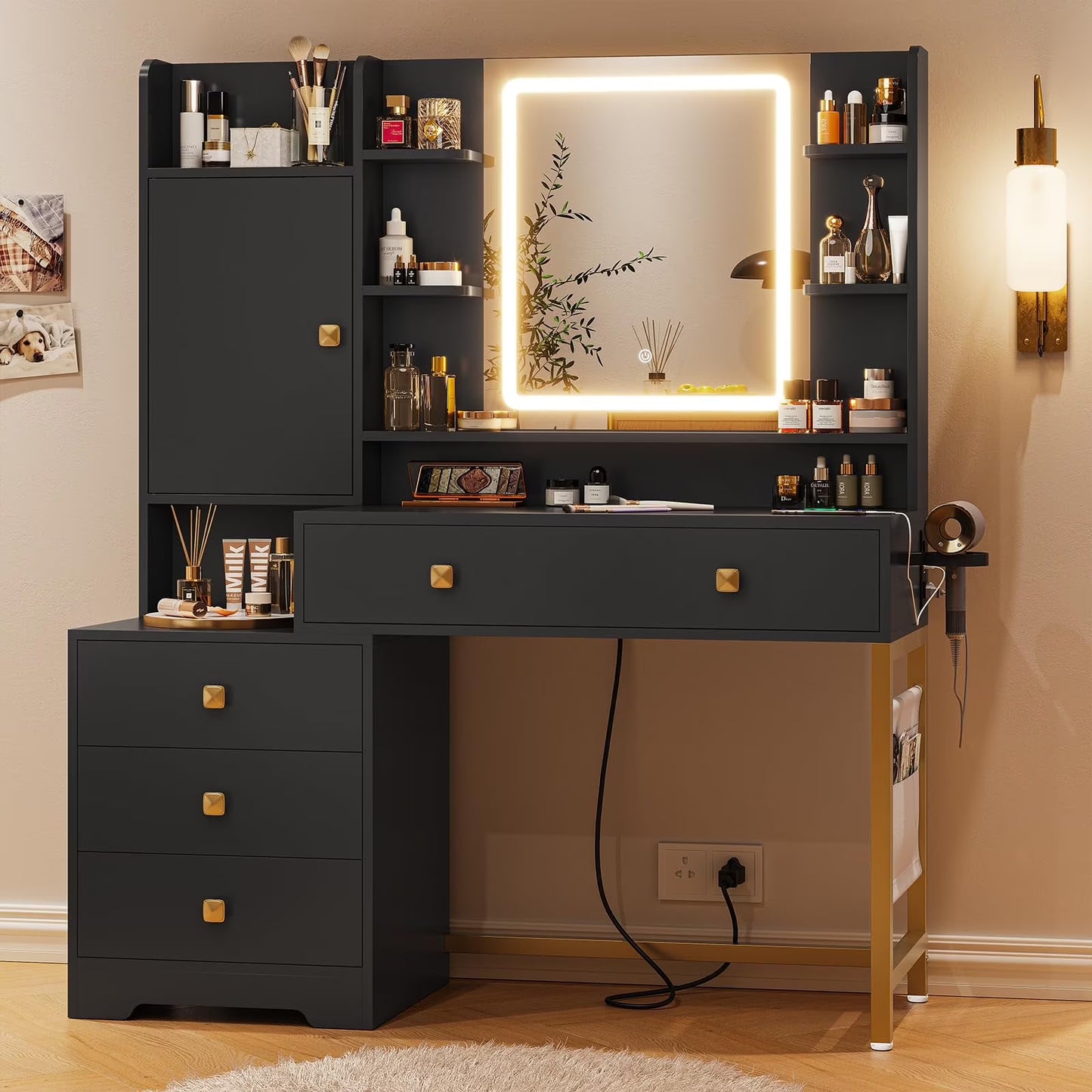 Makeup Vanity Desk with Lighted Mirror & Charging Stations & 6 Drawers Large Vanity Table Bedroom Dressing Table with Glass Tabletop& Side Cabinet& Glass Tabletop, Black