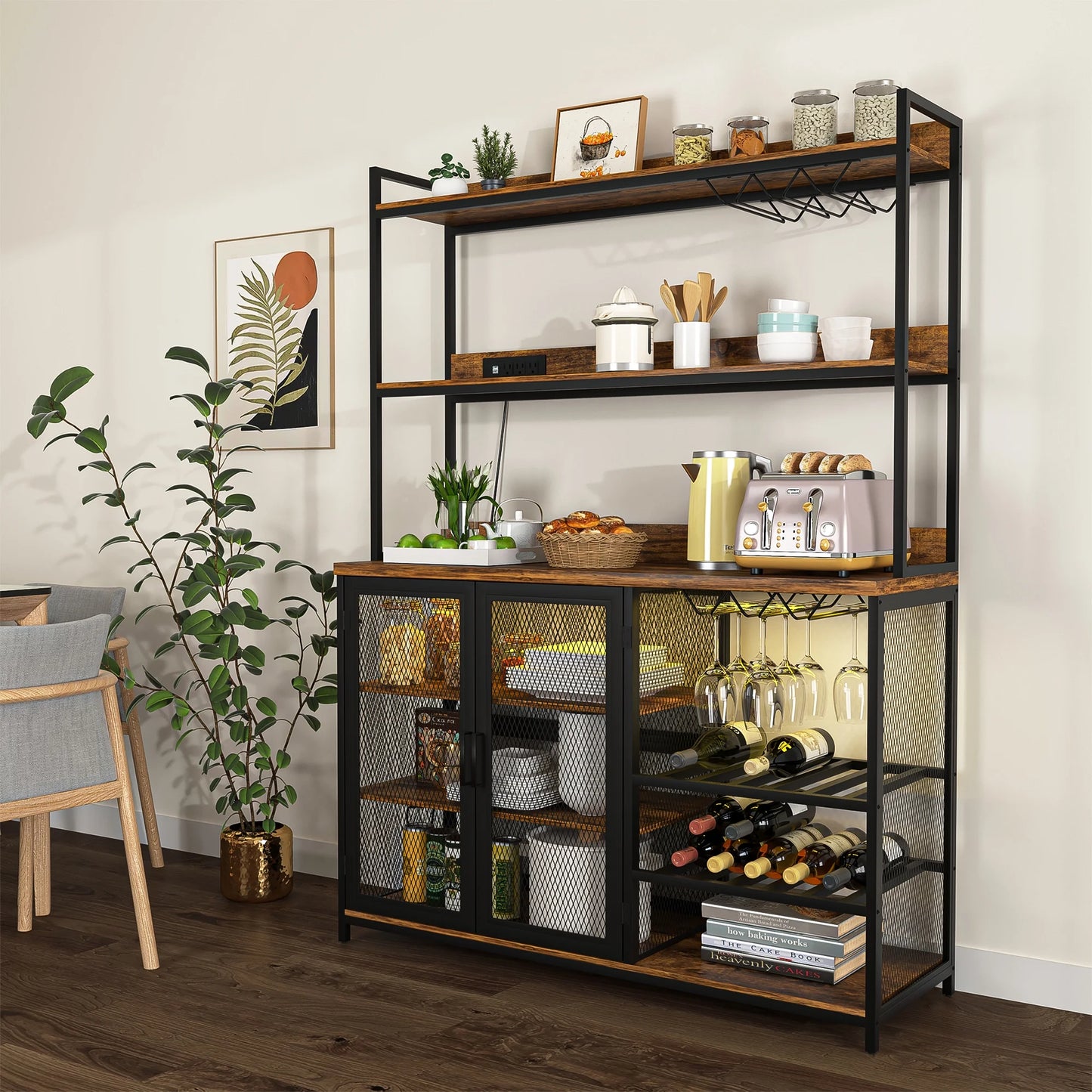 Kepooman Coffee Bar Cabinet with Power Outlet, Industrial Buffet Cabinet with LED Strip and Glass Holder, 3-Tiers Liquor Cabinet Bar for Home, Dining Room, Kitchen, Vintage Brown