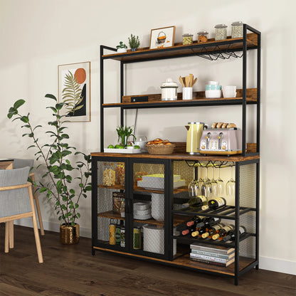 Kepooman Coffee Bar Cabinet with Power Outlet, Industrial Buffet Cabinet with LED Strip and Glass Holder, 3-Tiers Liquor Cabinet Bar for Home, Dining Room, Kitchen, Vintage Brown