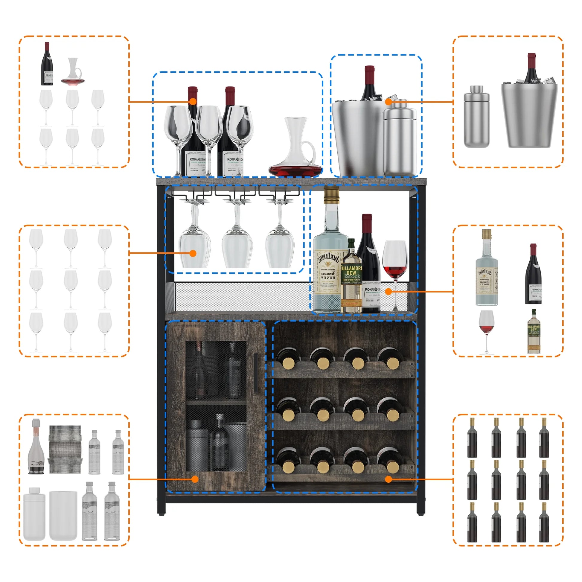 Wine Bar Rack Cabinet with Detachable Wine Rack, Bar Cabinet with Glass Holder, Small Sideboard and Buffet Cabinet with Mesh Door (White)