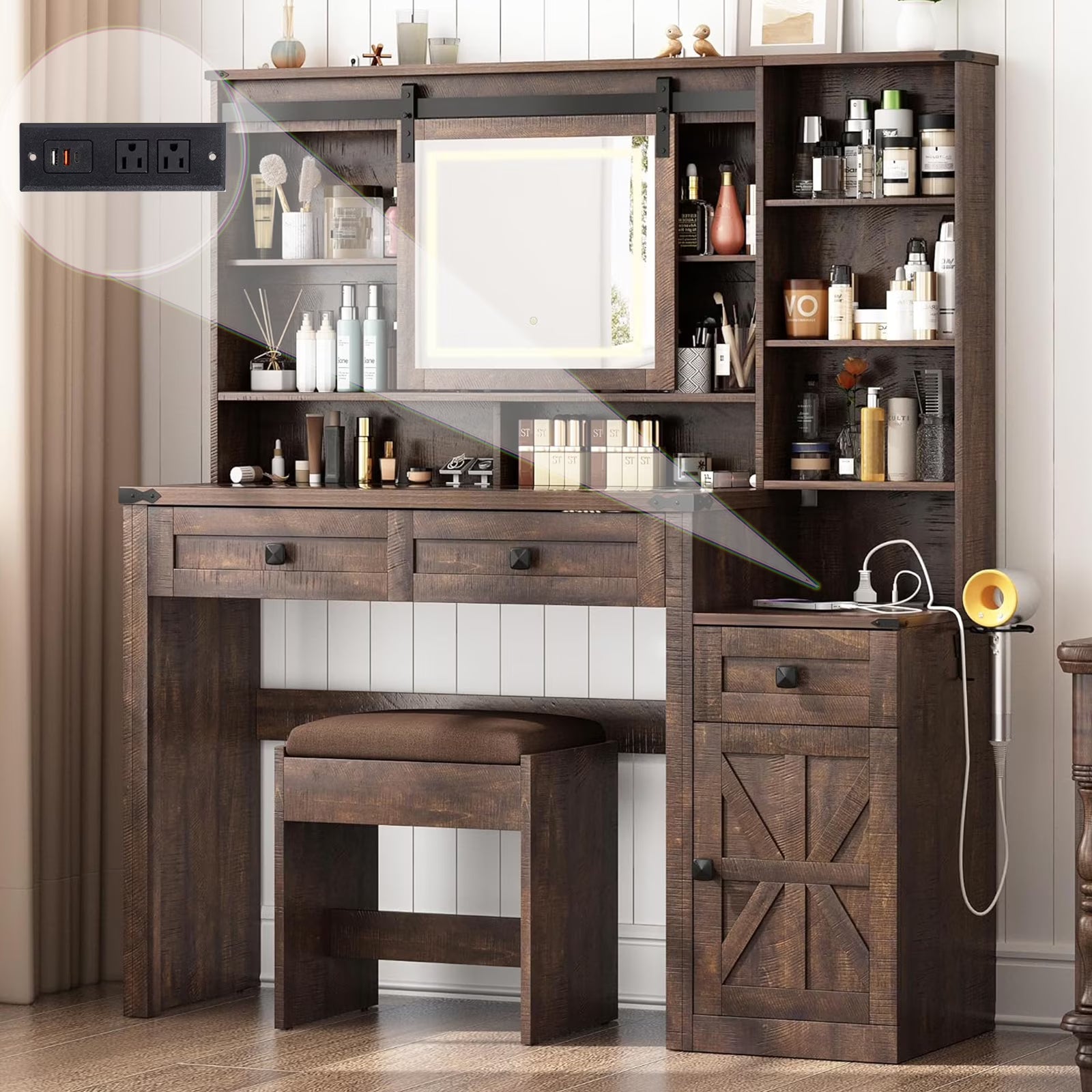 Blotout 47.2" Farmhouse Rustic Makeup Vanity Desk with Sliding Mirror and Lights, Glass Top Vanity Set with Charging Station & 3 Drawers & 1 Cabinet & Stool, Big Vanity (White)