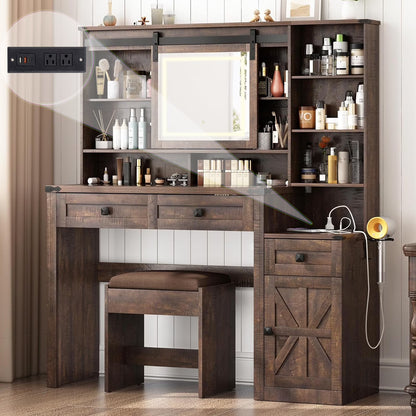 Blotout 47.2" Farmhouse Rustic Makeup Vanity Desk with Sliding Mirror and Lights, Glass Top Vanity Set with Charging Station & 3 Drawers & 1 Cabinet & Stool, Big Vanity (White)