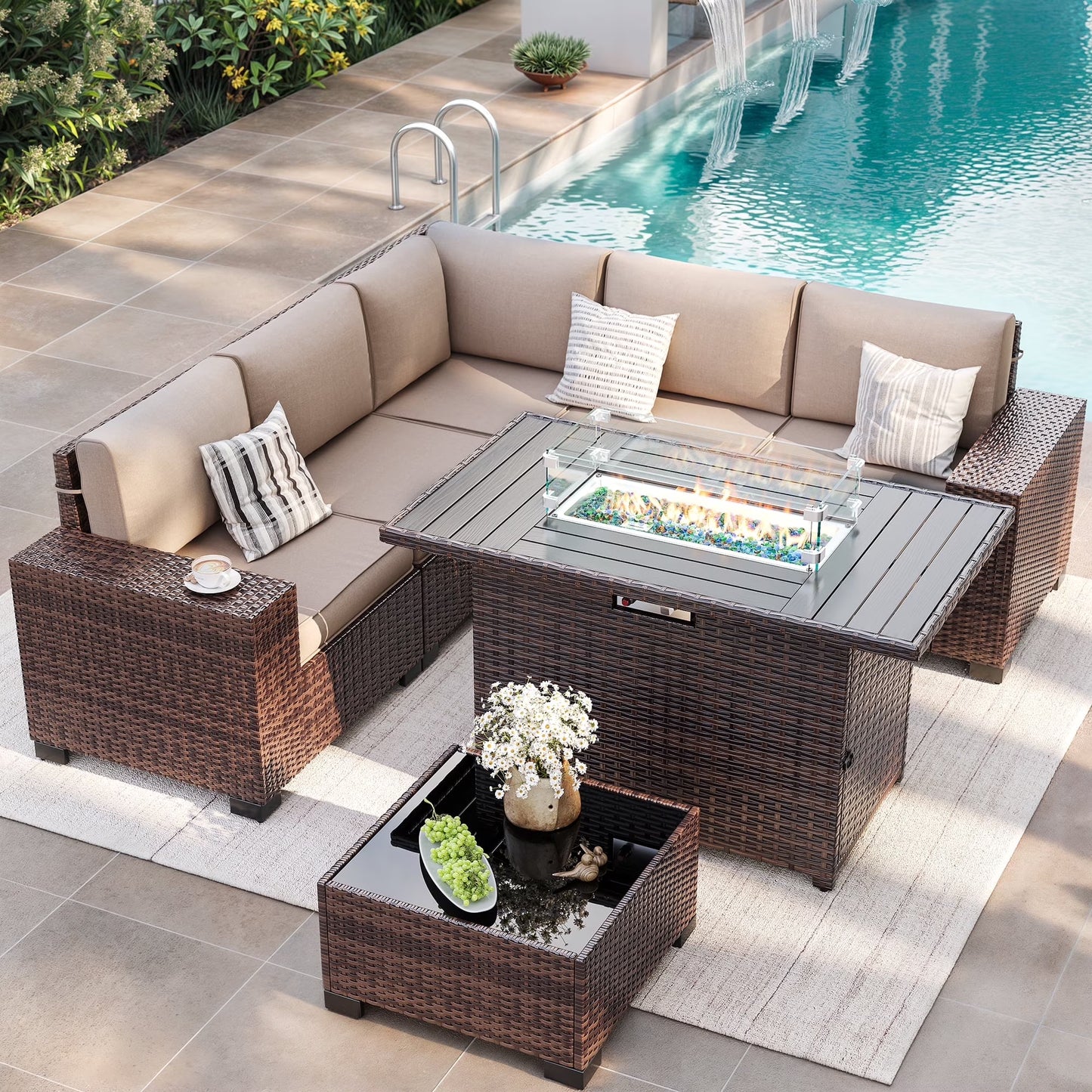 ELPOSUN Outdoor Sectional Furniture Set 6-Piece Brown Rattan Wicker Conversation Sofa Set with Glass Top Table and Waterproof Covers,Blue Cushions