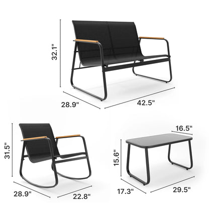 Patio Conversation Sets for 4, Lofka 4 Pieces Patio Furniture Sets with Rocking Bistro Fabric chairs, Garden Loveseat, Glass Coffee Table for Backyard, Poolside, Porch, Lawn, Black