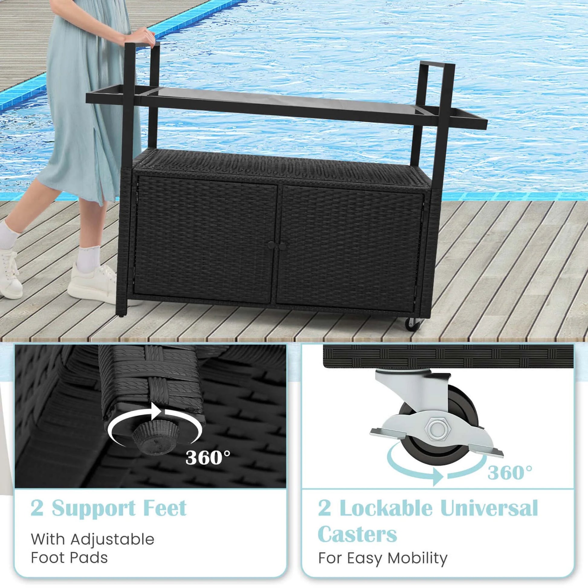 Costway Outdoor Bar Cart with Tempered Glass Top Storage Cabinet & 8 Hooks for Porch