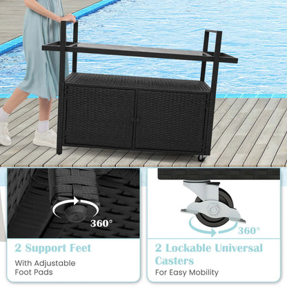 Costway Outdoor Bar Cart with Tempered Glass Top Storage Cabinet & 8 Hooks for Porch