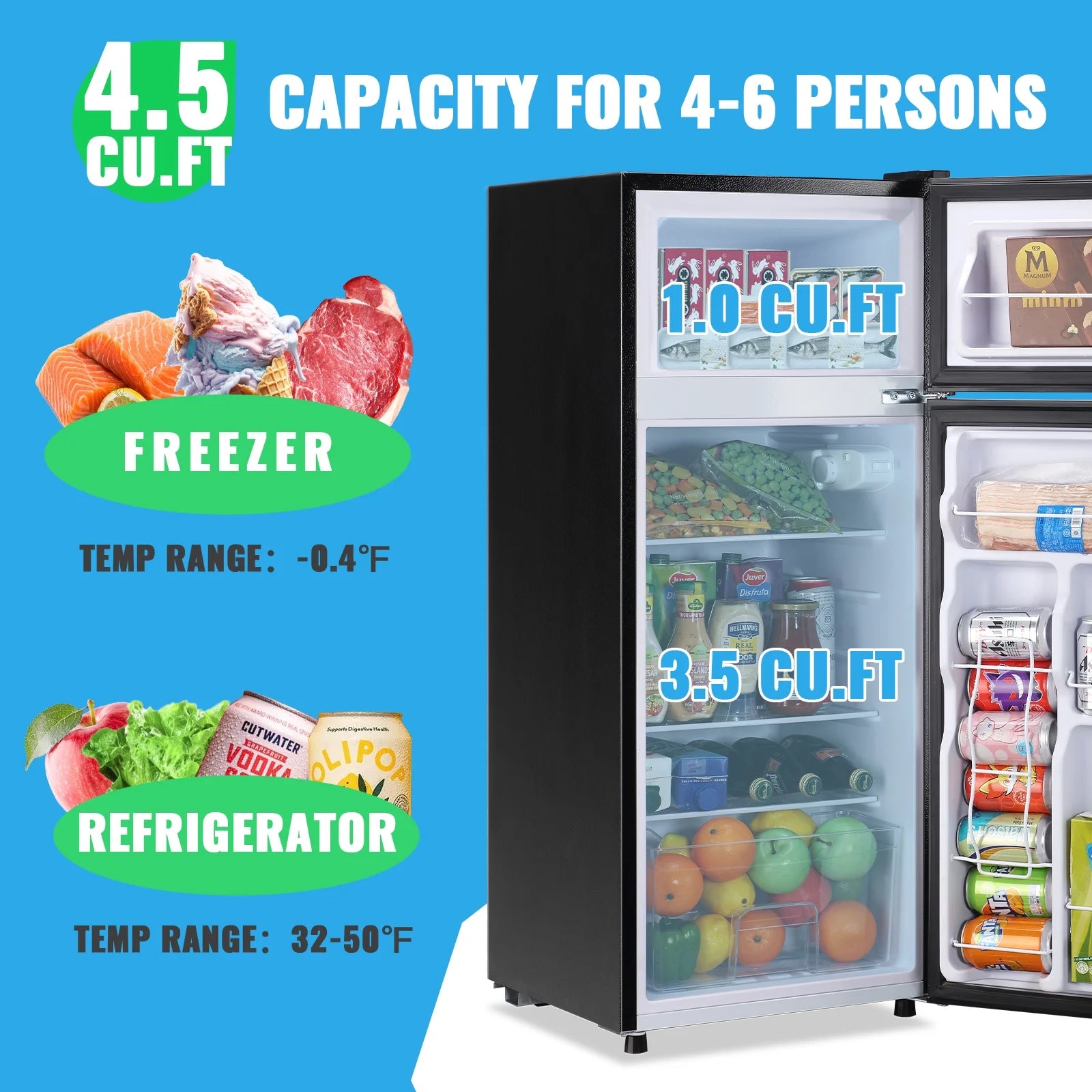 DEMULLER 4.5 Cu.ft Small Refrigerator Mini Fridge with Double Door 3 Removable Glass Shelves Black