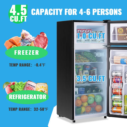 DEMULLER 4.5 Cu.ft Small Refrigerator Mini Fridge with Double Door 3 Removable Glass Shelves Black