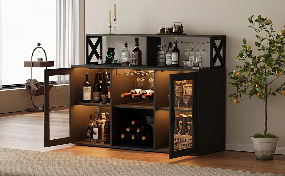 Maritcute Bar Cabinet with Power Outlets, Liquor Cabinet with Led Lights and Glass Holder, Storage Buffet Cabinet Coffee Bar Cabinet for Liquor, Wine Cabinet with Racks, Black
